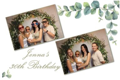 Gäste posieren vor Blumenhintergrund bei Jennas 30. Geburtstag, aufgenommen mit Fotobox.